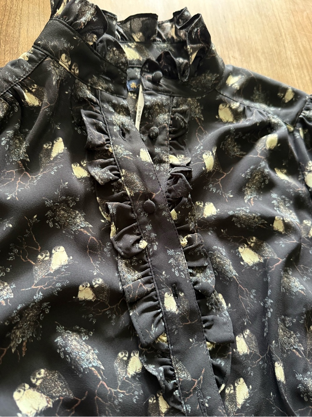 Brooks Brothers Long-Sleeve Black Floral Ruffle owl print Neck Dress. - Picture 11 of 14